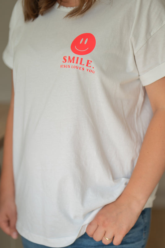 T-Shirt "SMILE Jesus loves you" weiß / Neon rot