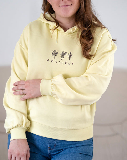 Damen Hoodie "GRATEFUL" Pastellgelb / super cozy pastellgelb Geschenk für Frauen