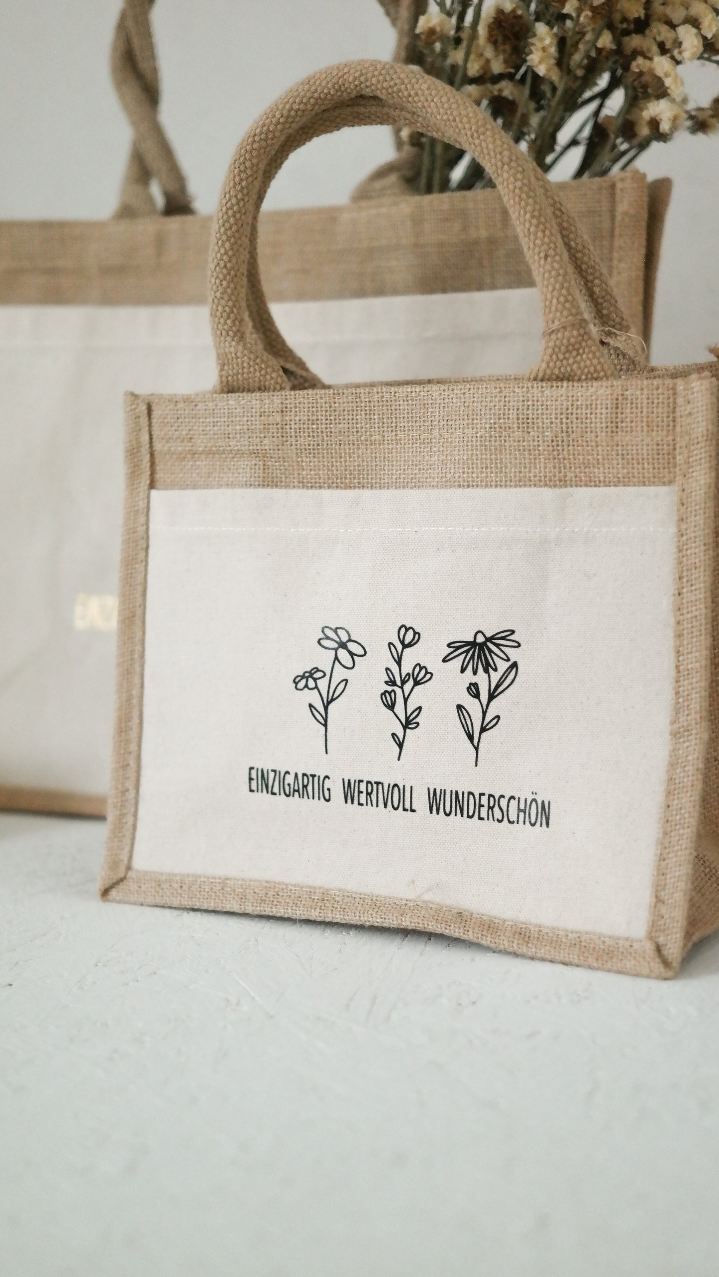 Jutetasche "EINZIGARTIG WERTVOLL WUNDERSCHÖN" Blumen, Geschenktasche, Shopper, Geschenke für Mama und die beste Freundin