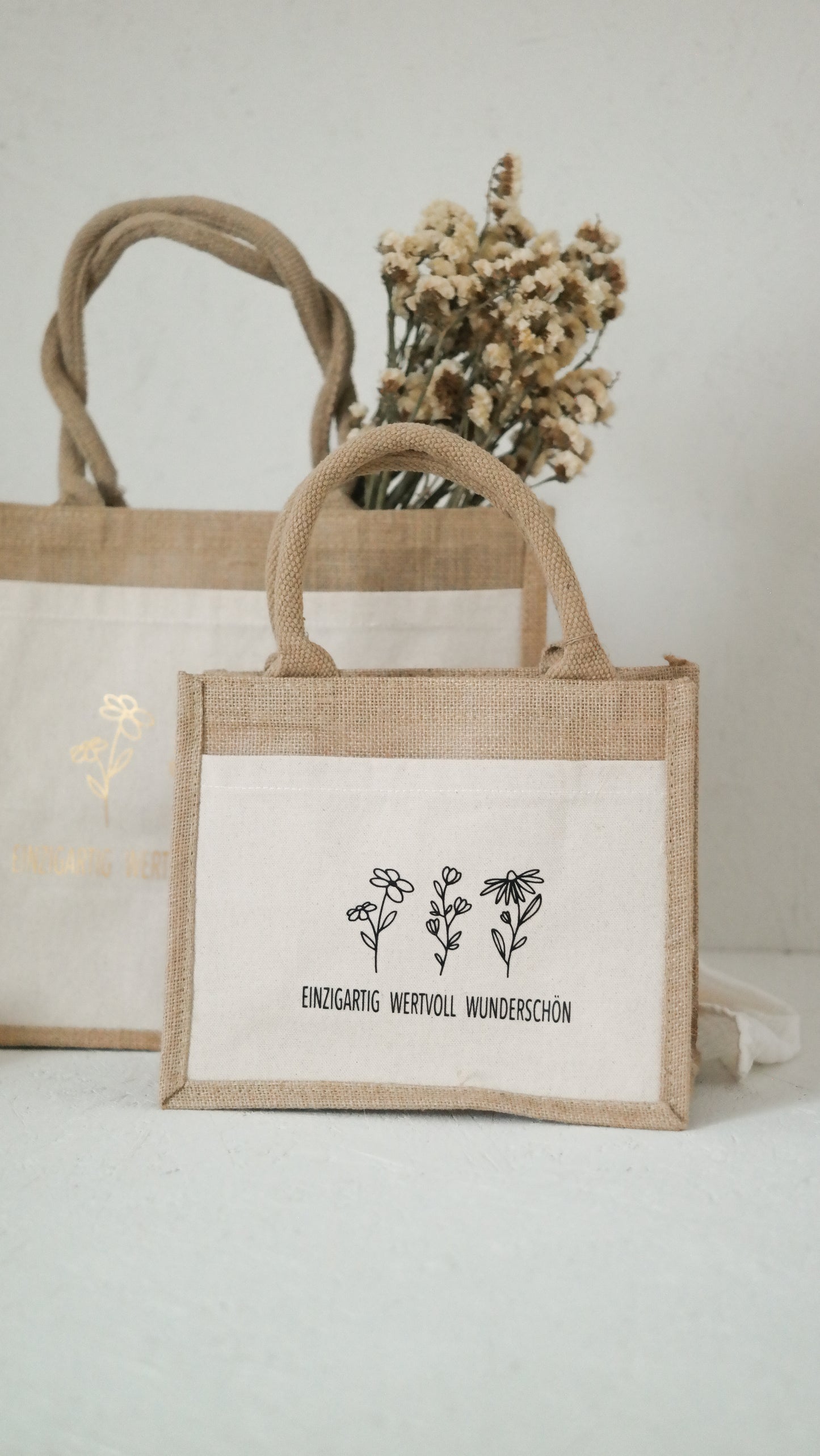 Jutetasche "EINZIGARTIG WERTVOLL WUNDERSCHÖN" Blumen, Geschenktasche, Shopper, Geschenke für Mama und die beste Freundin