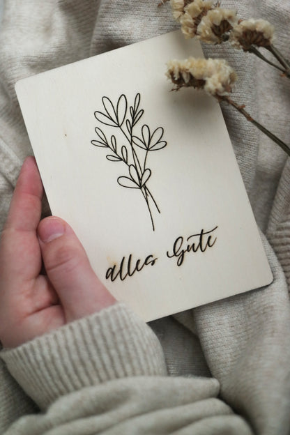 Holz Grußkarte, Alles gute, Blumenmotiv A6