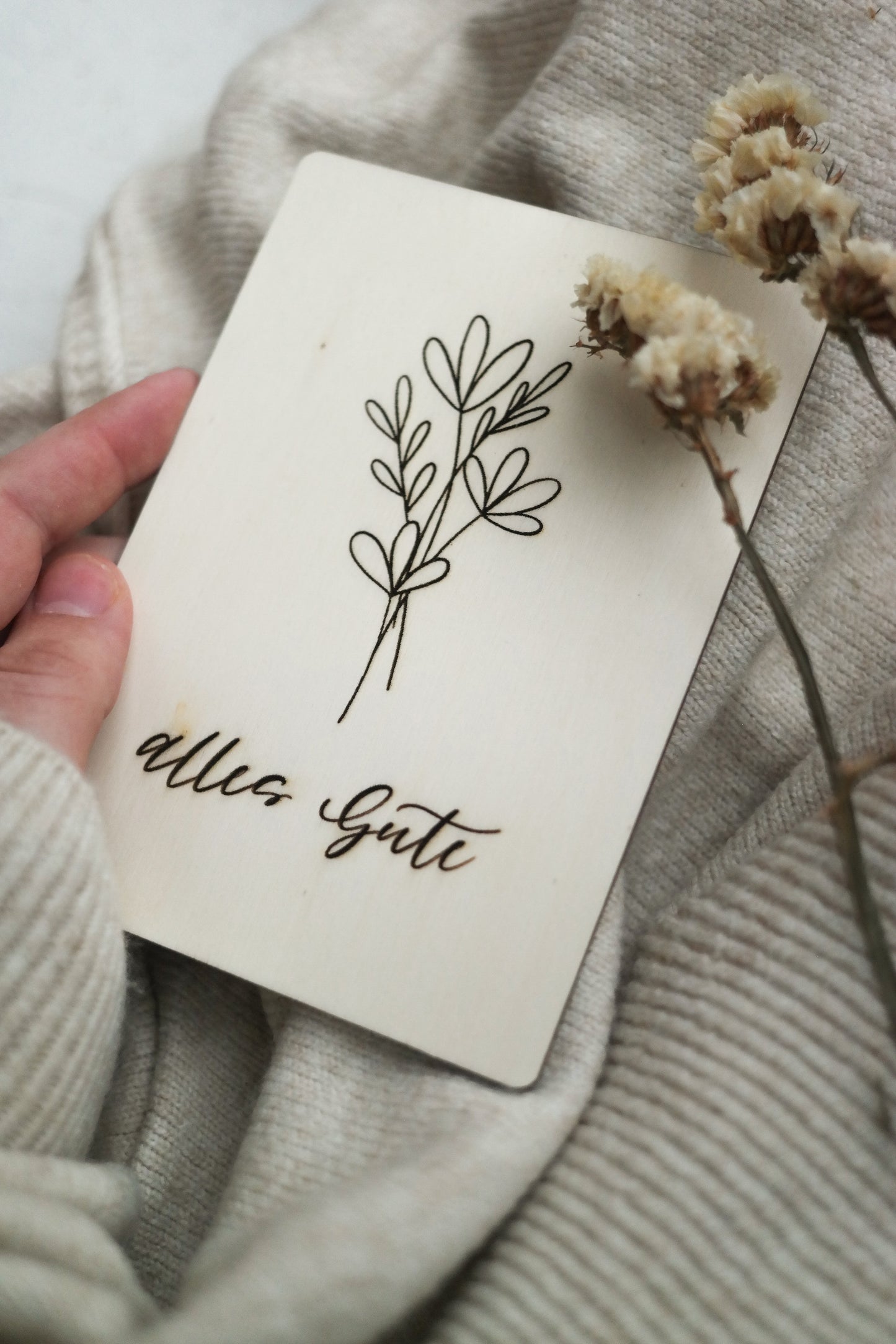 Holz Grußkarte, Alles gute, Blumenmotiv A6